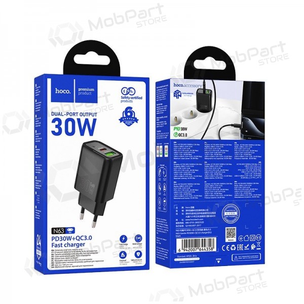 Φορτιστής τηλεφώνου Hoco N63 30 W GaN USB-C + USB-A μαύρος