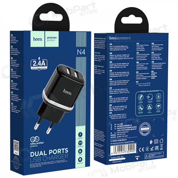 Φορτιστής Hoco N4 x 2 USB  jungtimis (2.4A) (μαύρος)