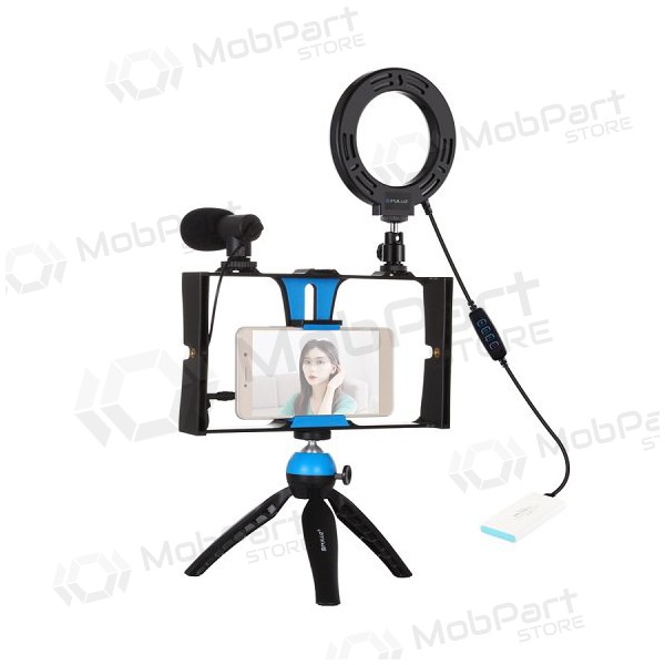 Blogerio rinkinys su LED žiedine λάμπα, stovu, telefono laikikliu και mikrofonu