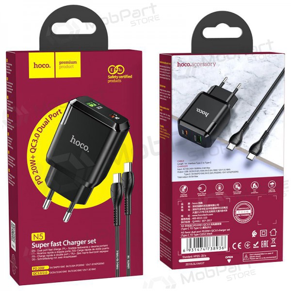 Φορτιστής Hoco N5 USB Quick Charge 3.0 + PD 20W (3.1A) + Type-C-Type-C (μαύρος)