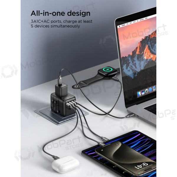 Γενικής kelioninis φορτιστής Joyroom JR-TCW01 3xUSB-A/USB-C μαύρος