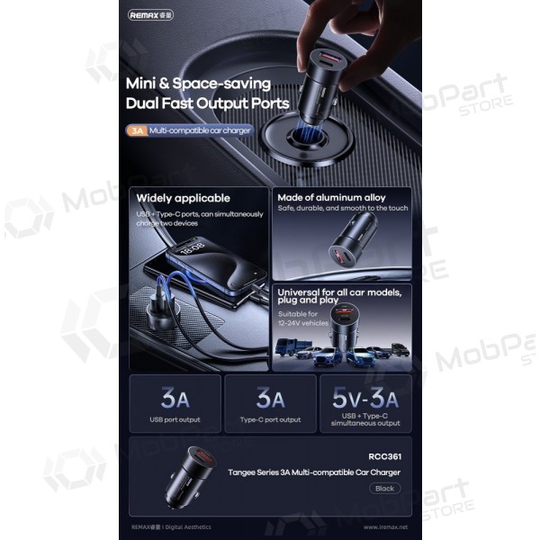 Φορτιστης αυτοκινητου Remax RCC361 15W USB-C/USB-A μαύρος