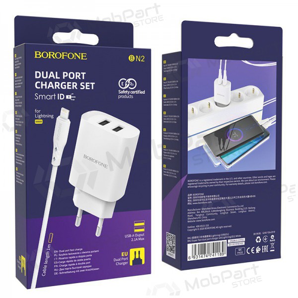 Φορτιστής Borofone BN2 2xUSB 2.1A + Lightning (άσπρο)