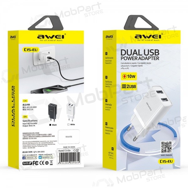 Φορτιστής Awei C15T-EU 2xUSB-A 10W + USB to USB-C cable άσπρο