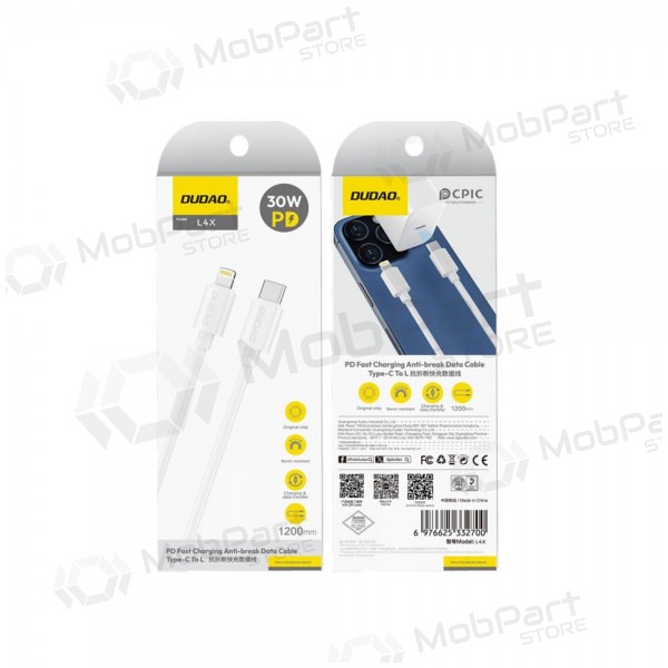 Καλώδιο Lightning Dudao L4X USB-C σε Lightning 1.2 m 30 W λευκό