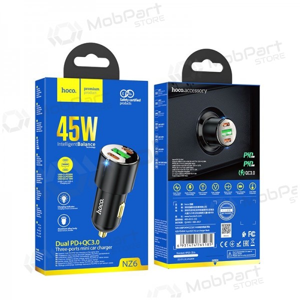 Φορτιστής αυτοκινήτου Hoco NZ6 45 W PD 2x USB-C + USB-A μαύρος
