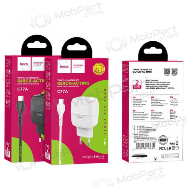 Φορτιστής HOCO C77A Highway Dual USB + type-C καλώδιο (5V 2.4A) (μαύρος)