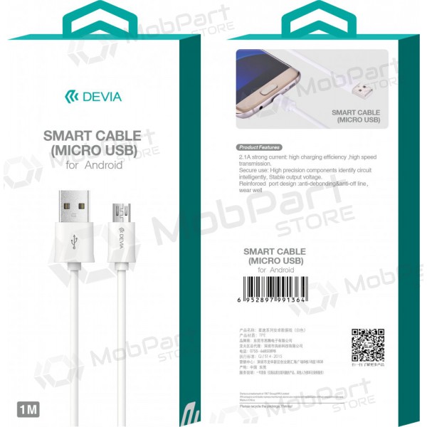 USB καλώδιο Devia Smart microUSB 1.0m (άσπρο)
