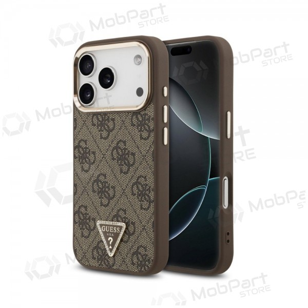 Θήκη Apple iPhone 18 Pro - Guess PU Leather 4G Strass Triangle Logo Gold Frame MagSafe (καφέ)