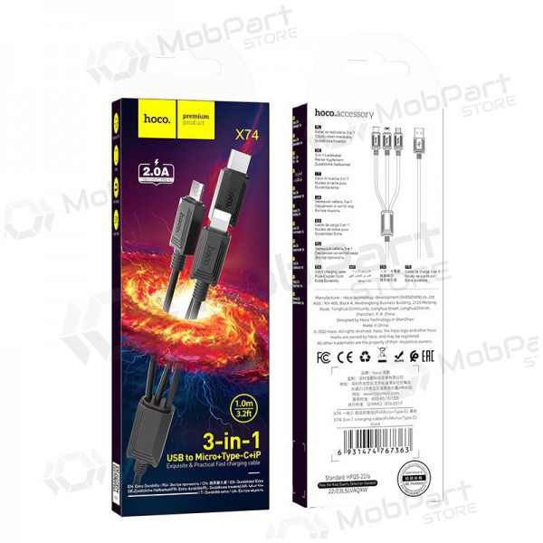 USB καλώδιο Hoco X74 3in1 microUSB-Lightning-Type-C 1.0m (μαύρος)