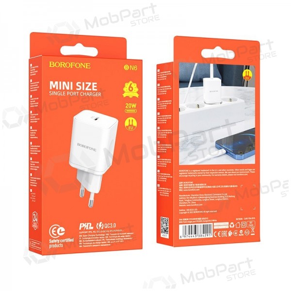 Φορτιστής buitinis Borofone BN6 Type-C PD+QC3.0 20W, άσπρο