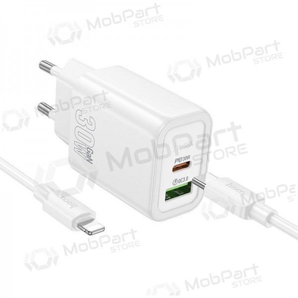Φορτιστής τηλεφώνου Hoco N63 30 W GaN USB-C + USB-A με καλώδιο Lightning 1 m λευκό