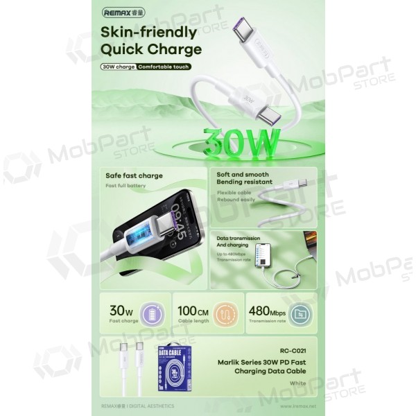 USB καλώδιο Remax RC-C021 USB-C to USB-C 30W 2.0m άσπρο