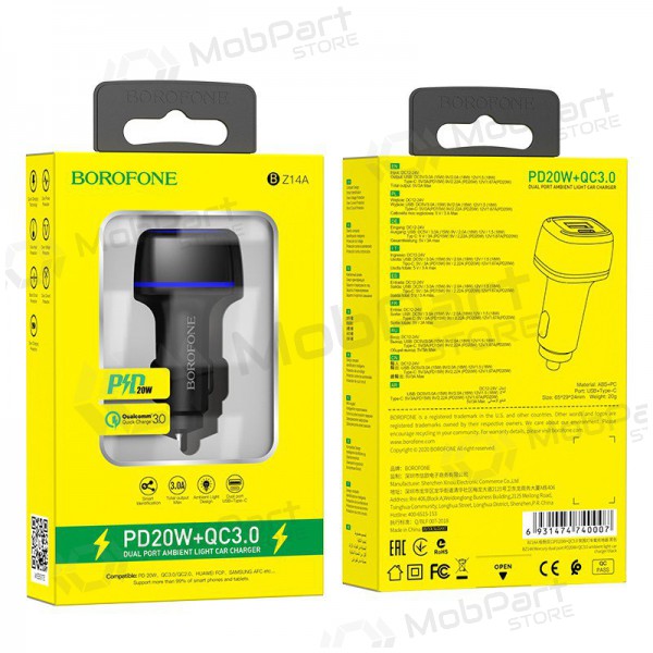Φορτιστής automobilinis Borofone BZ14A PD20W+QC3.0 x 2 USB (Type-C to Lightning) (μαύρος)