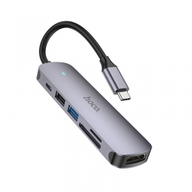 Προσαρμογέας USB-C Hoco HB28 USB-C σε HDMI + USB 3.0 + USB 2.0 + SD + TF + PD γκρι