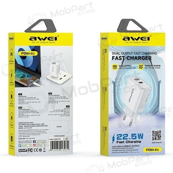 Φορτιστής Awei PD81-EU USB-A/USB-C άσπρο