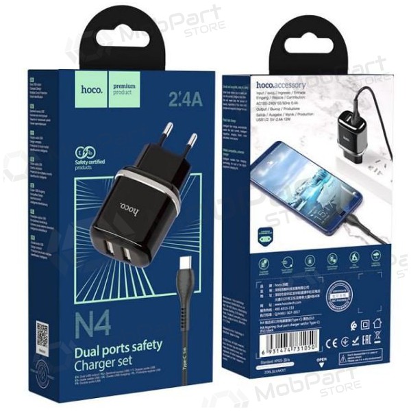 Φορτιστής HOCO N4 Aspiring Dual USB + type-C καλώδιο (5V 2.4A) (μαύρος)