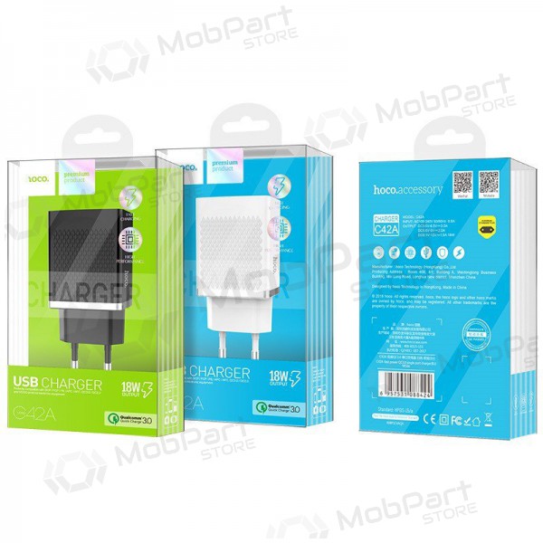 Φορτιστής HOCO C42A Vast power QC3.0 USB 18W (3.6V-6.5V/3A, 6.6V-9V/2A, 9.1V-12V/1.5A) (μαύρος)