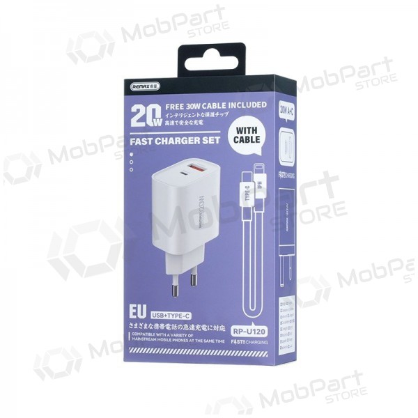 Φορτιστής τηλεφώνου Remax RP-U120 20 W USB-C + USB-A με καλώδιο Lightning 1 m λευκό