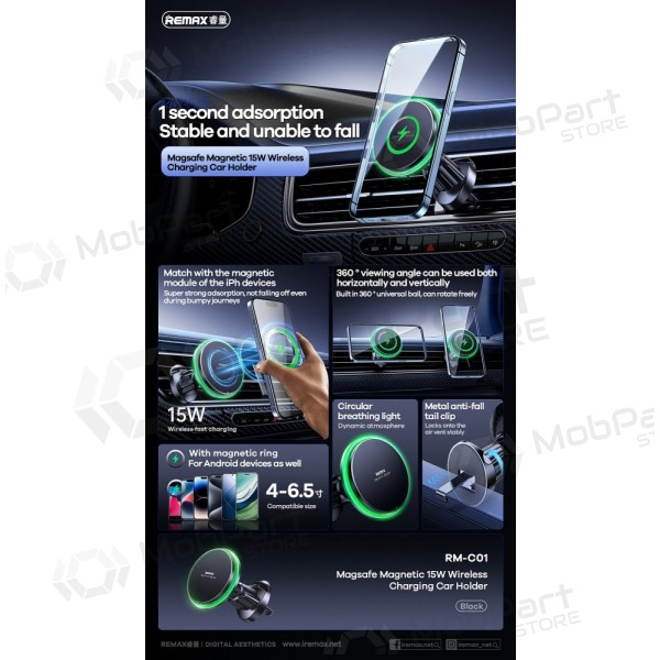 Automobilinis laikiklis-φορτιστής Remax RM-C01 MagSafe 15W μαύρος