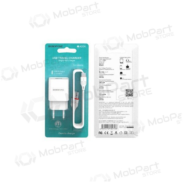 Φορτιστής BOROFONE BA20A Sharp USB + Type-C καλώδιο (5V 2.1A) (άσπρο)
