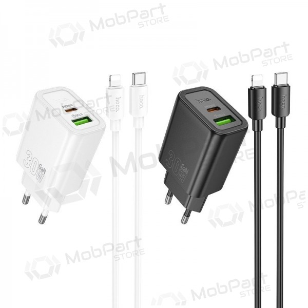 Φορτιστής τηλεφώνου Hoco N63 30 W GaN USB-C + USB-A με καλώδιο Lightning 1 m λευκό
