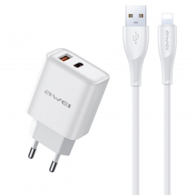 Φορτιστής τηλεφώνου Awei PD81L-EU 22.5 W USB-C + USB-A με καλώδιο Lightning 1 m λευκό