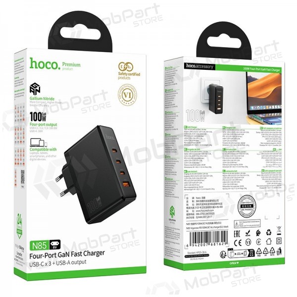 Φορτιστής τηλεφώνου Hoco N85 100 W 3x USB-C + USB-A μαύρος