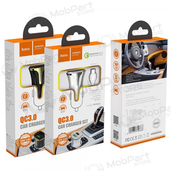 Φορτιστής automobilinis Hoco Z31 Quick Charge 3.0 (3.4A) x 2 USB + Type-C (άσπρο)