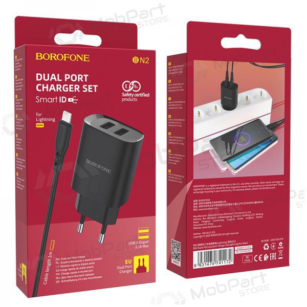 Φορτιστής Borofone BN2 2xUSB 2.1A + Lightning (μαύρος)