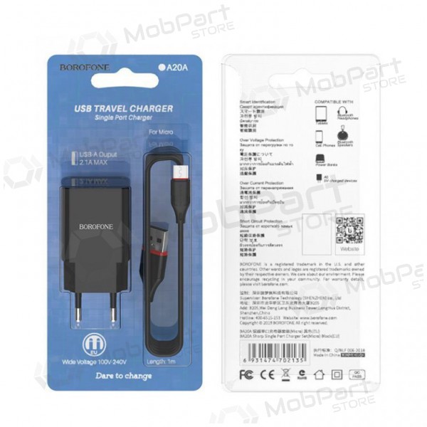 Φορτιστής BOROFONE BA20A Sharp USB + microUSB καλώδιο (5V 2.1A) (μαύρος)