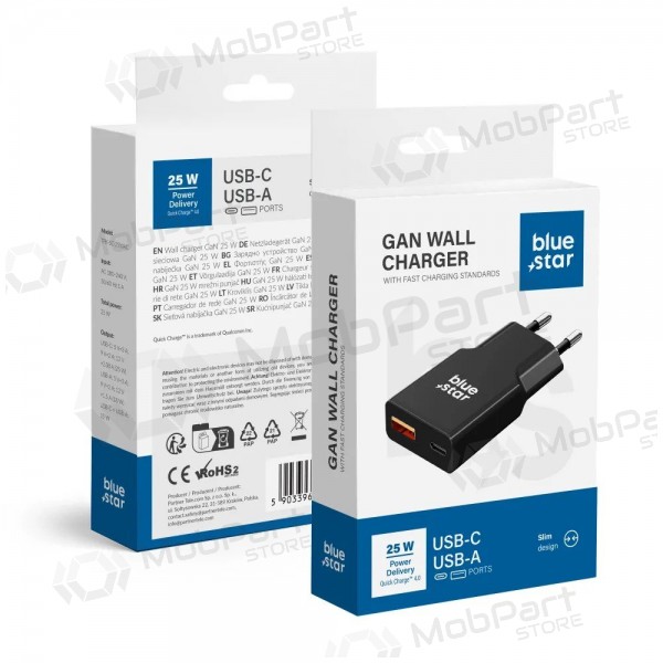 Φορτιστής τηλεφώνου Blue Star Slim 25 W GaN USB-C + USB-A μαύρο
