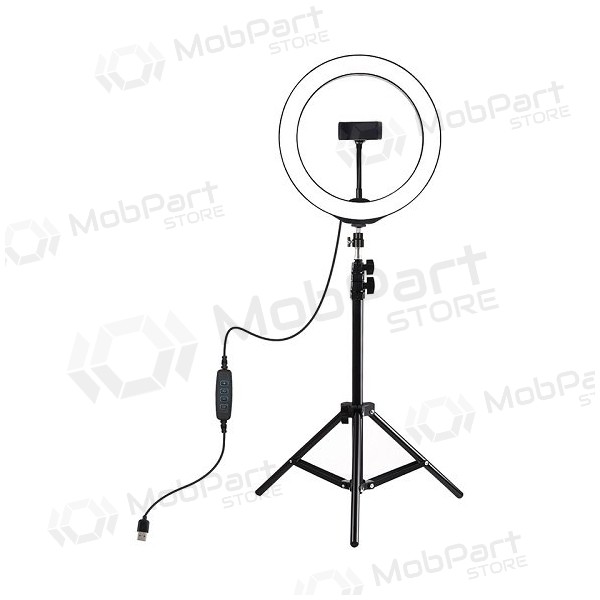 LED žiedinė λάμπα 26cm, su trikoju stovu iki 1.1m και telefono laikikliu, USB