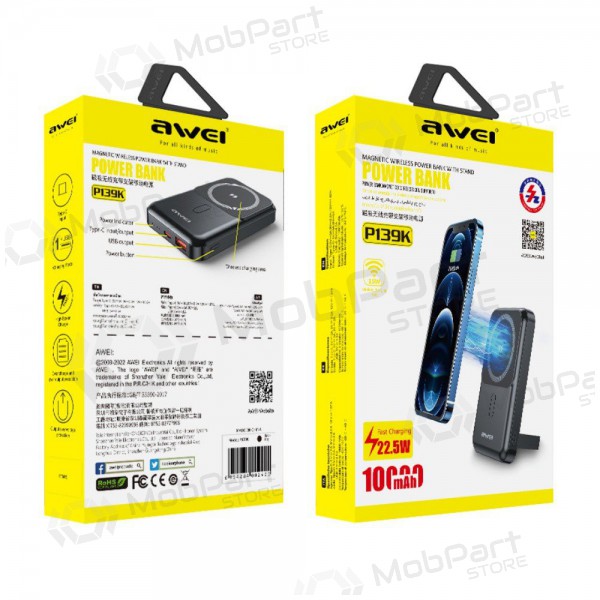 Εξωτερική μπαταρία Power Bank Awei P139K 22.5W Magnetic Wireless 10000mAh μαύρος