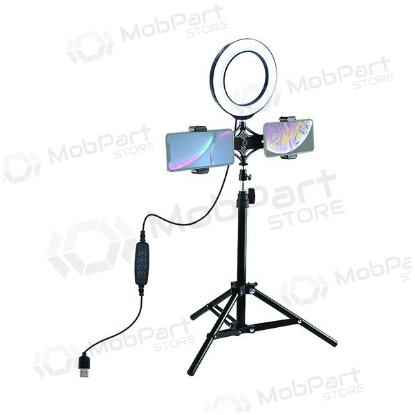 LED žiedinė λάμπα 16cm, su trikoju stovu iki 70cm και dvigubu telefono laikikliu, USB