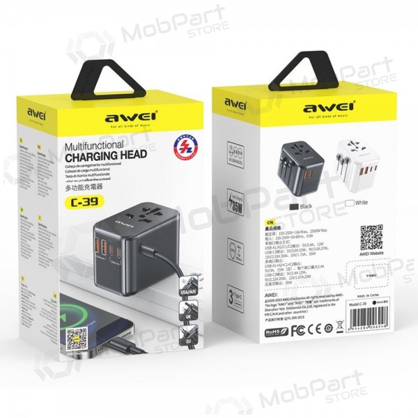 Γενικής kelioninis φορτιστής Awei C-39 GaN 35W 2xUSB-A/3xUSB-C μαύρος