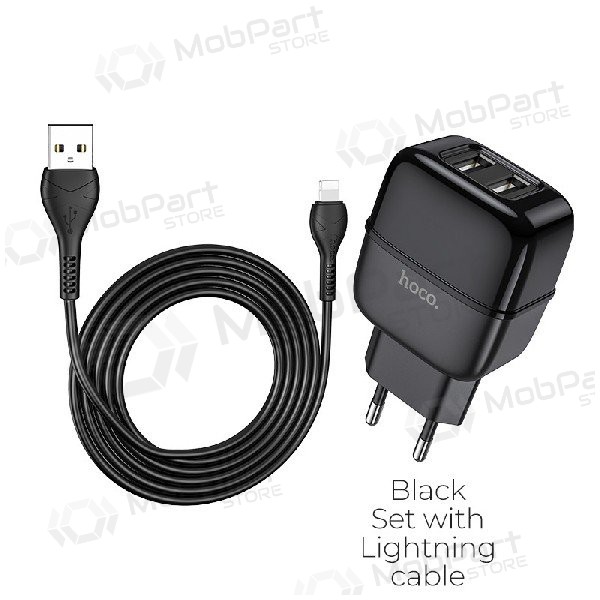 Φορτιστής HOCO C77A Highway Dual USB + lightning καλώδιο (5V 2.4A) (μαύρος)
