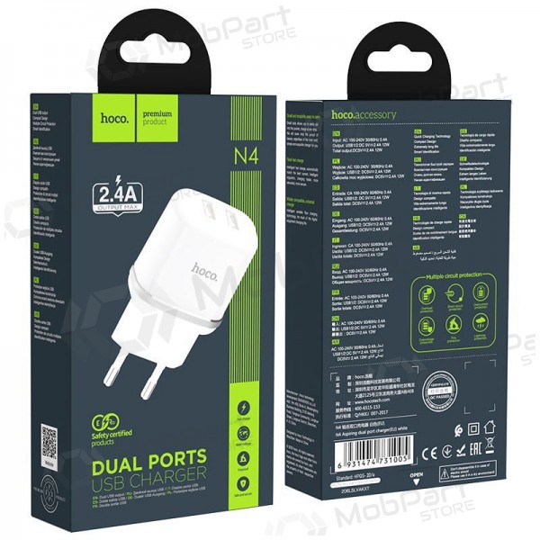 Φορτιστής Hoco N4 με 2 θύρες USB (2.4A) (λευκός)