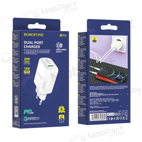 Φορτιστής Borofone BN4 1xUSB, 1xType-C QC 3.0, PD 2.0 20W (άσπρο)