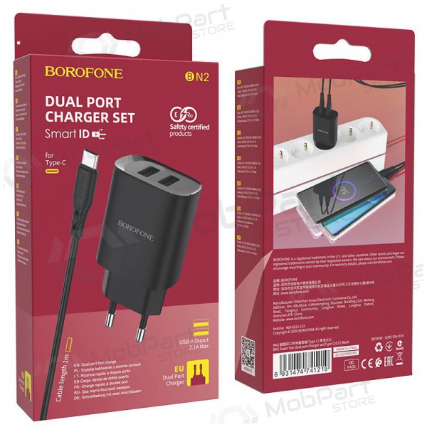 Φορτιστής Borofone BN2 2xUSB 2.1A + USB Type-C (μαύρος)
