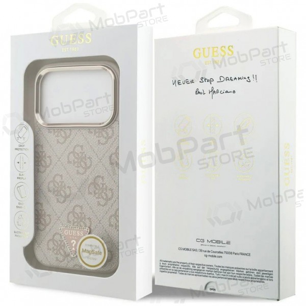 Θήκη Apple iPhone 17 Pro Max - Guess PU Leather 4G Strass Triangle Logo Gold Frame MagSafe (ροζ)