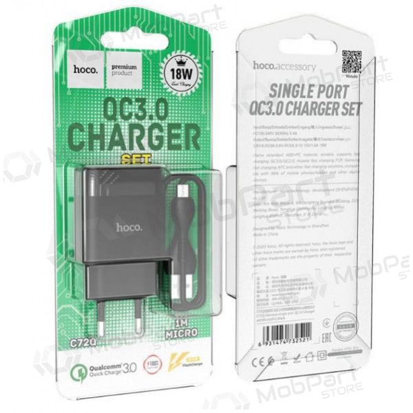 Φορτιστής HOCO C72Q Glorious USB + microUSB καλώδιο (QC3.0) (μαύρος)