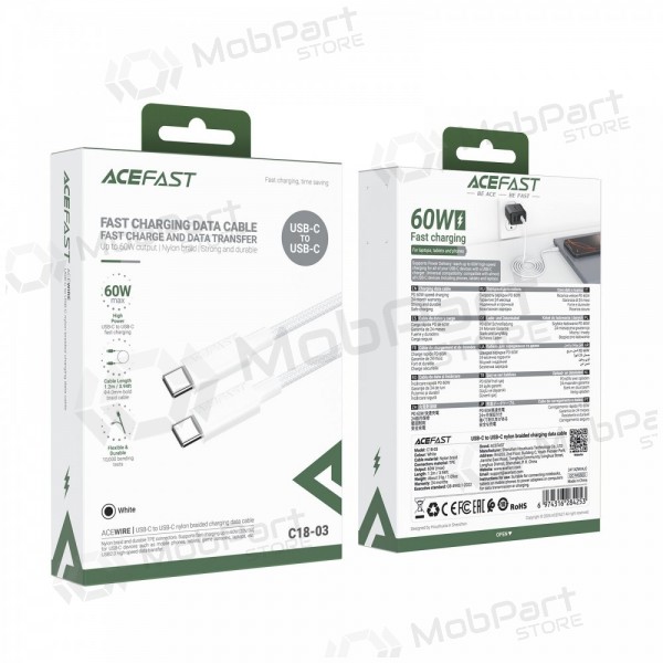 USB καλώδιο Acefast C18-03 60W USB-C to USB-C 1.2m άσπρο