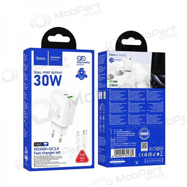 Φορτιστής τηλεφώνου Hoco N63 30 W GaN USB-C + USB-A με καλώδιο Lightning 1 m λευκό