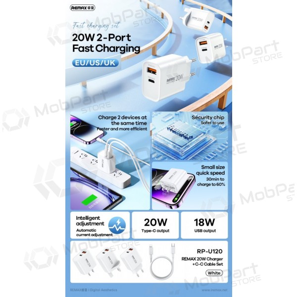 Φορτιστής τηλεφώνου Remax RP-U120 20 W USB-C + USB-A με καλώδιο USB-C 1 m λευκό