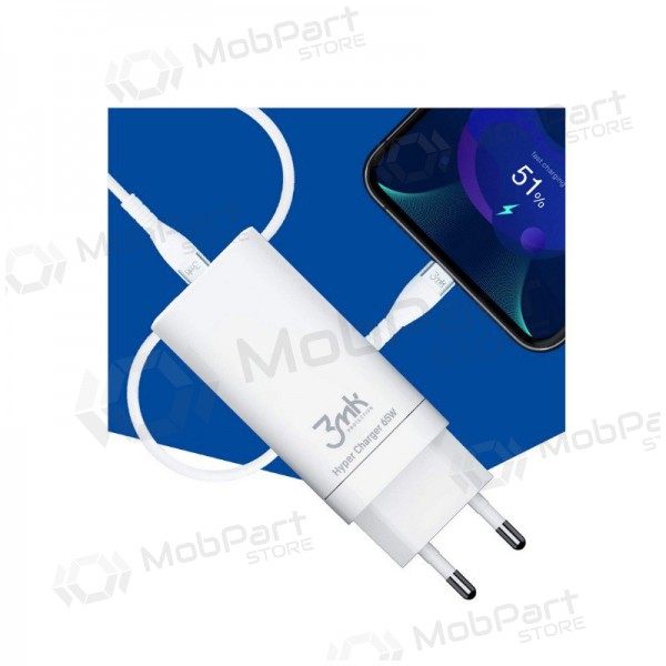 Φορτιστής 3MK HyperCharger 65W 2xUSB-C, 1xUSB-A PD 3.0/QC 4.0 (άσπρο)