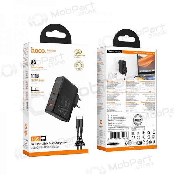 Φορτιστής τοίχου Hoco N85 100 W 3x USB-C + USB-A με καλώδιο USB-C 2 m μαύρο