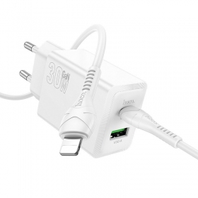 Φορτιστής τηλεφώνου Hoco N71 30 W GaN USB-C + USB-A με καλώδιο Lightning 1 m λευκό