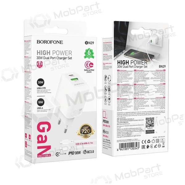 Φορτιστής τηλεφώνου Borofone BN29 30 W USB-C + USB-A με καλώδιο USB-C 1 m λευκό