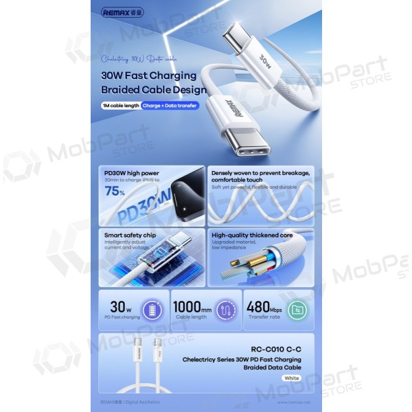 USB καλώδιο Remax RC-C010 USB-C to USB-C 30W 1.0m άσπρο